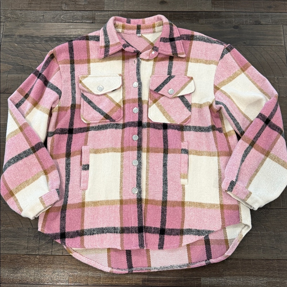 Women’s Plaid Shacket Shirt Pink and Cream Soft Long Sleeve Winter Top S - Picture 2 of 16